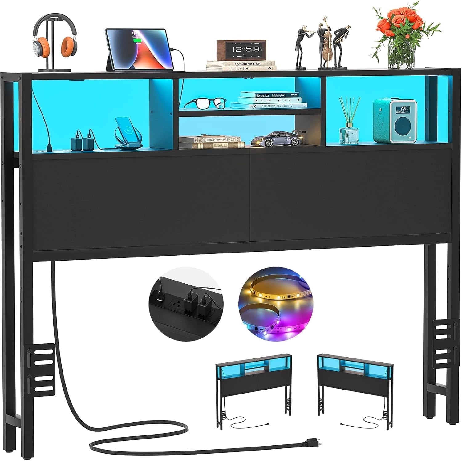 Homieasy Headboard for Full Size Bed with Storage, Headboards with Outlets, USB Ports and LED Light, King Size Head Board Only, Height Adjustable, Reversible, Sturdy and Stable Headboard, Black