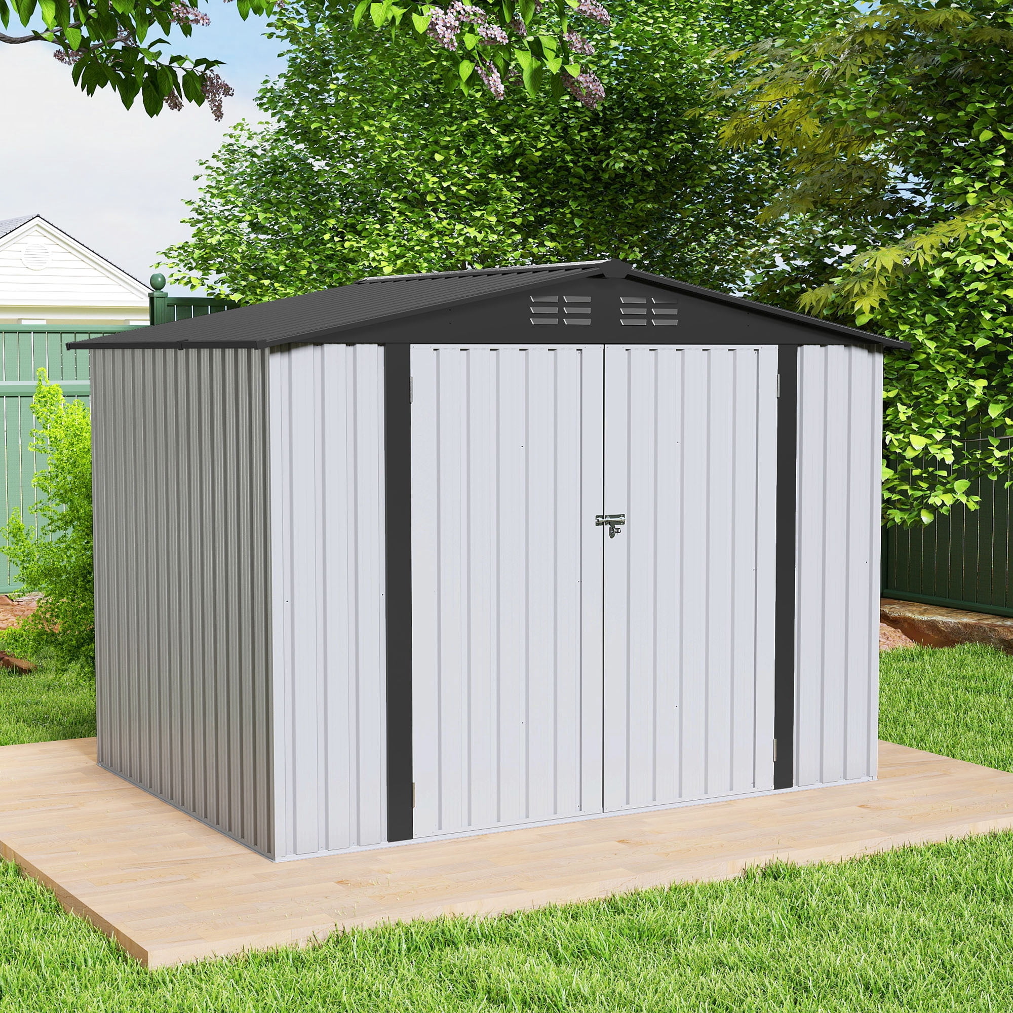 Uforic 7'x5' Metal Storage Shed, Heavy Duty Lockable Weatherproof Shed, Sloped Roof, Easy Assembly for Tools & Bicycles, White