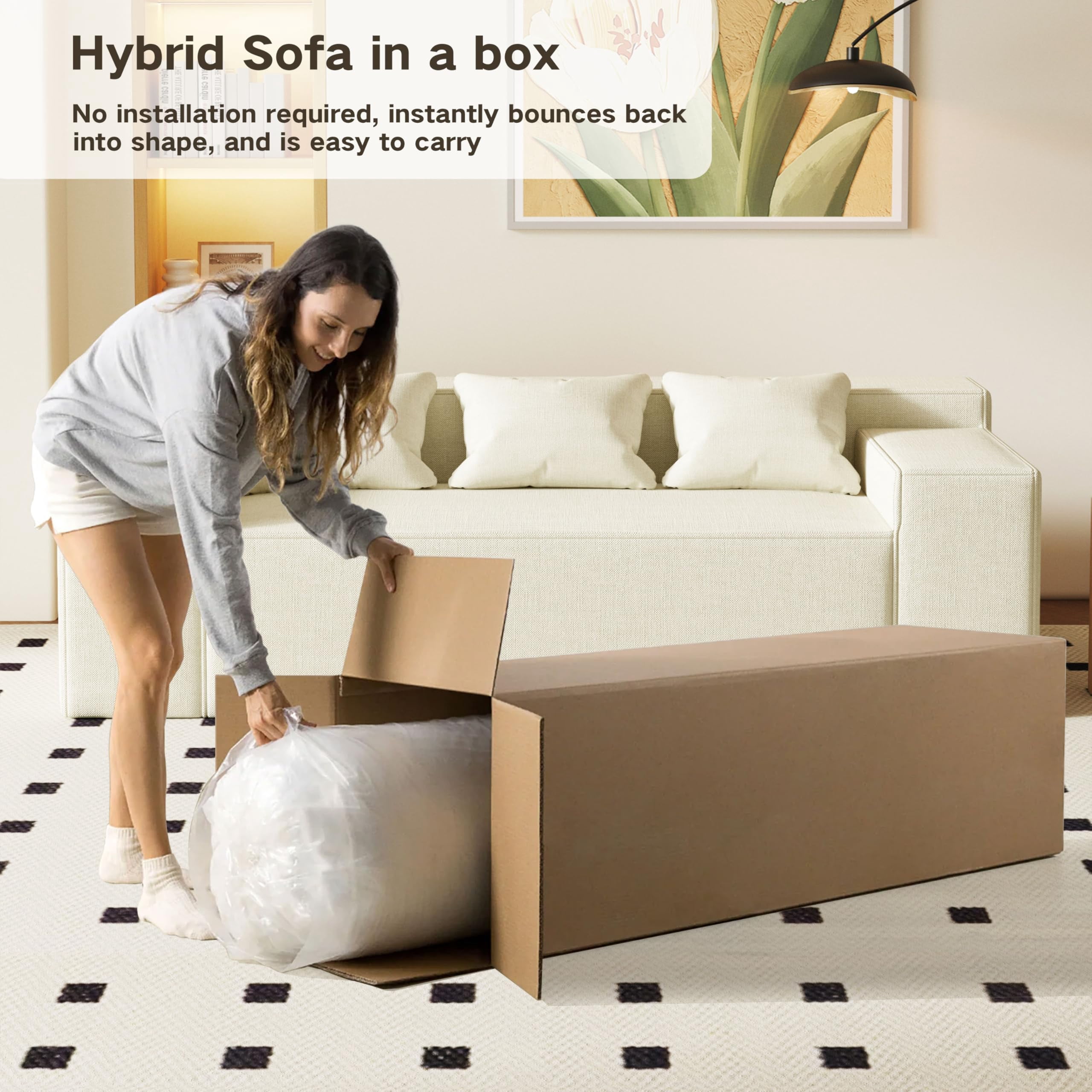 Modern 3-Seater Sofa, Hybrid Sofa in a Box, No Assembly Required, Comfy Sofa Couch with 3 Matching Pillows, Couch for Living Room or Bedroom, Beige
