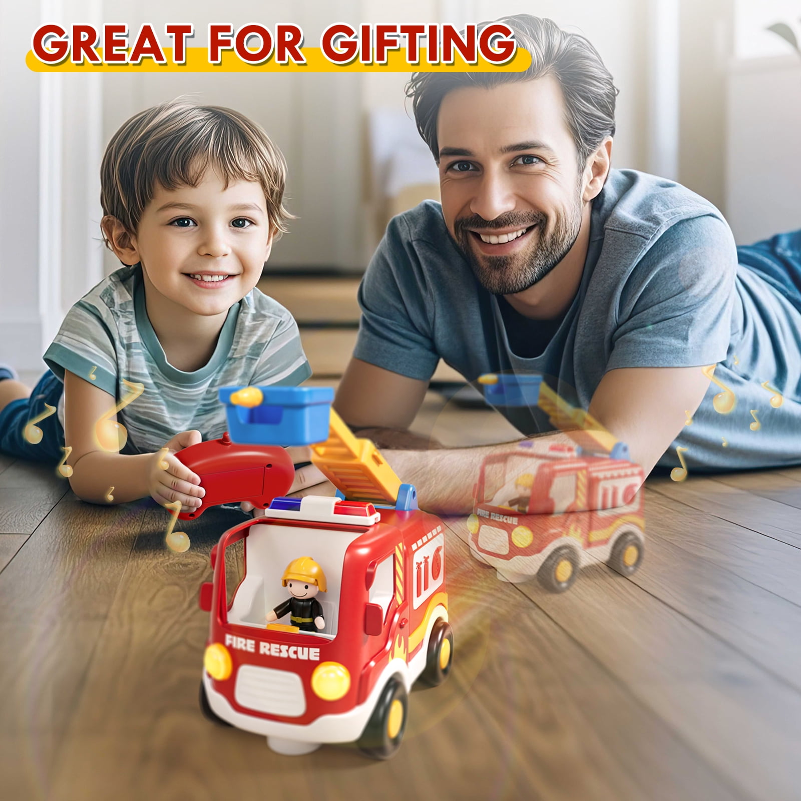 Toys for 2 Year Old Boys Toys, Rechargeable Remote Control Car for Toddler, Kids Toys Age 2 3 4 5, Fire Car with LED Lights & Music, Gifts for Toddler Boys 18+ Months