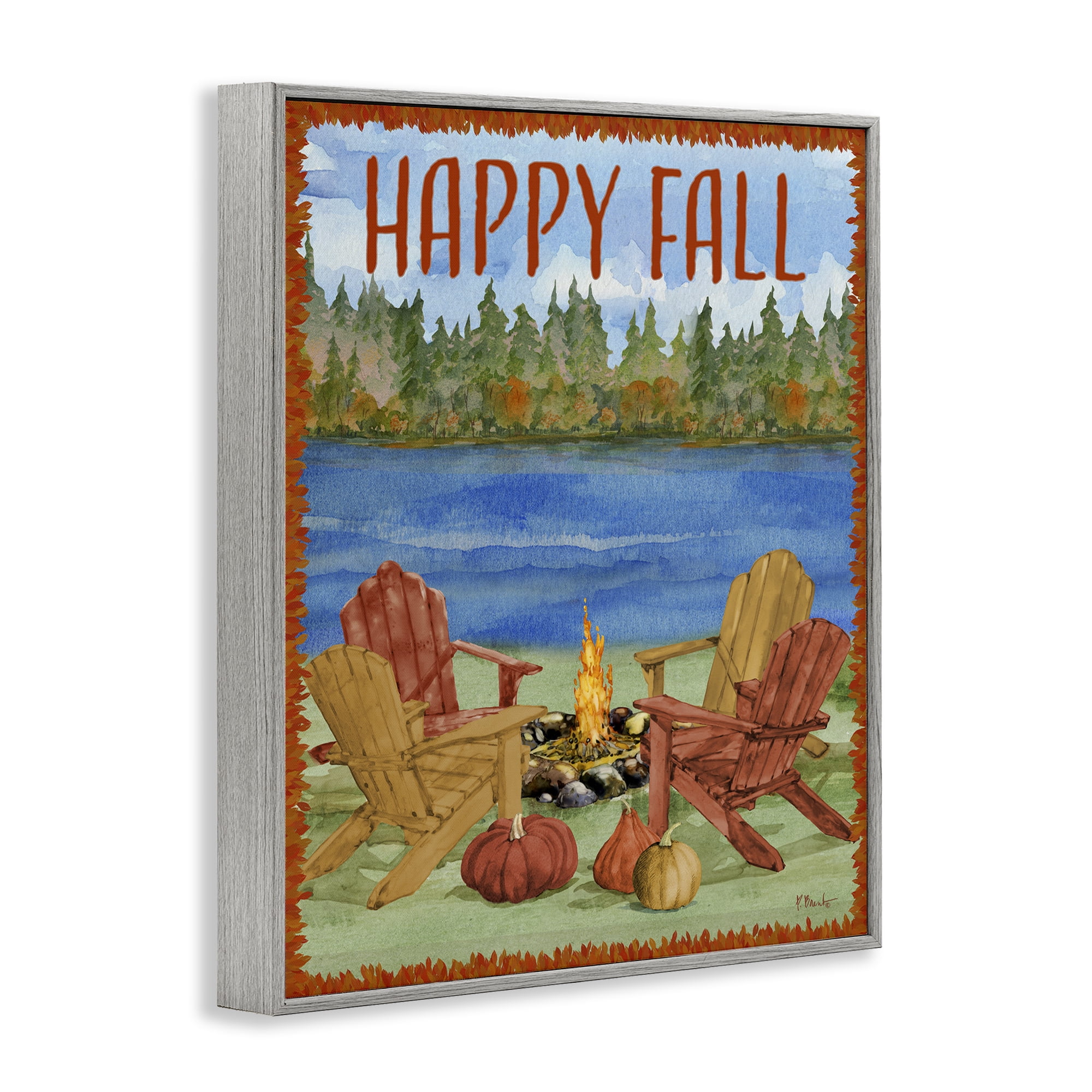 Stupell Industries Happy Fall Bonfire Holiday Painting Gray Framed Art Print Wall Art, 16 x 20