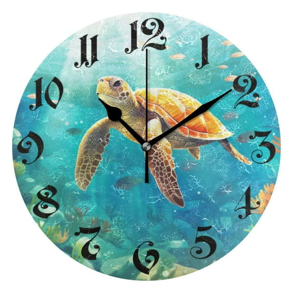 Silent Wall Clock Sea Turtle 10" Non-Ticking Battery Clock Rustic Retro Home Decorative for Living Room Kitchen Bathroom