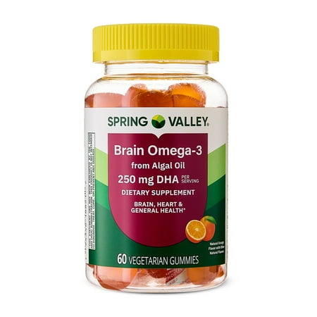 Spring Valley Brain Omega-3 from Algal Oil Vegetarian Gummies for Brain/Heart/General Health, Orange Flavor, 60 Count