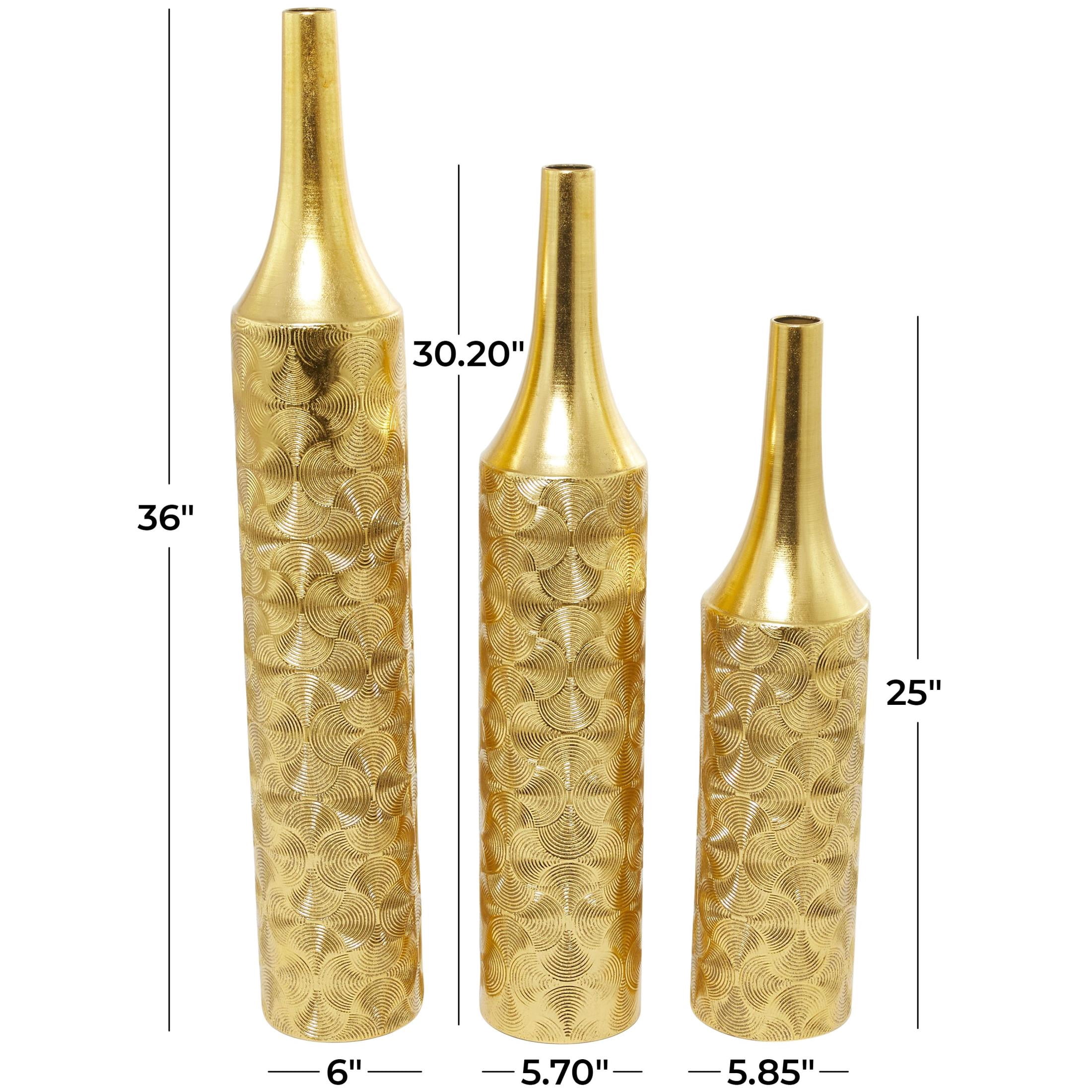 DecMode 36", 30", 25"H Geometric Tall Distressed Metallic Gold Metal Vase with Engraved Swirl Patterns, Set of 3