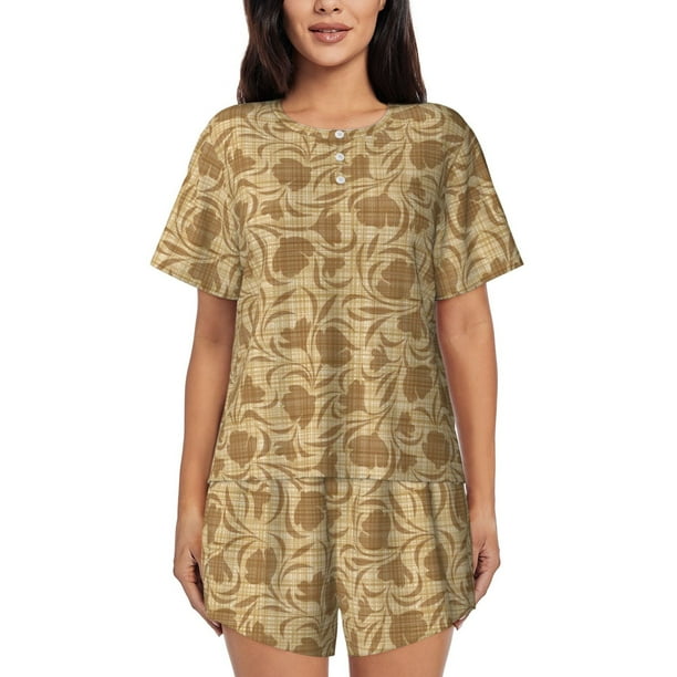 Balery Brown Flowers Conjunto de Pijama para Mujer con Estampado, Dos Piezas de Manga Corta y Shorts, Ropa de Dormir Suave con Cuello Redondo y Bolsillos-X-Large