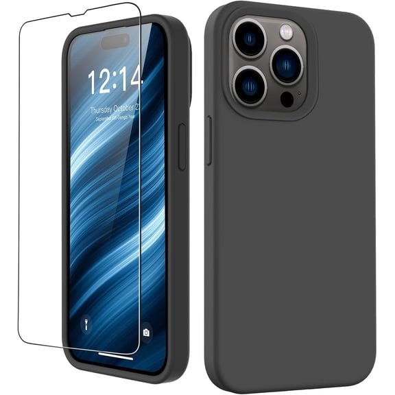 Compatible with iPhone 15 Pro Case with Screen Protector,Upgraded Liquid Silky Soft Silicone Cover,Fashionably Designed for Men Women Girls,Protective Phone Case 6.1",Dark Grey