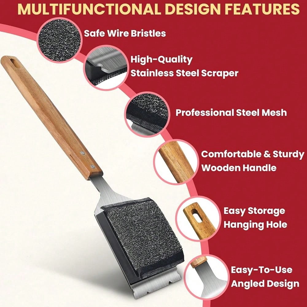 Grill Cleaning Brush with 1 Replacement Head, Heavy-Duty Brass Bristle BBQ Cleaner, Bristle-Free Safe Design, Stainless Steel Scraper & Wooden Handle, Dual-Use for Handheld or Handle Cleaning, Safe f