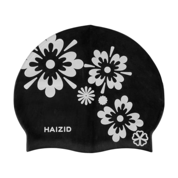 Unique Bargains 1 Pc Waterproof Square Flower Pattern Swim Cap Black White