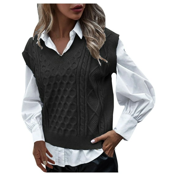 DuoJiaJ Sweater Vest for Women V Neck Sleeveless Knit Solid Casual Ribbed Pullover Tops Black L