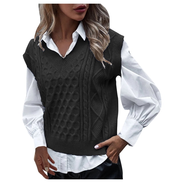 Kcodviy Veste d'Hiver en Tricot pour Femmes Style Collège Sans Manches Col en V Plus Long Manteau Rétro