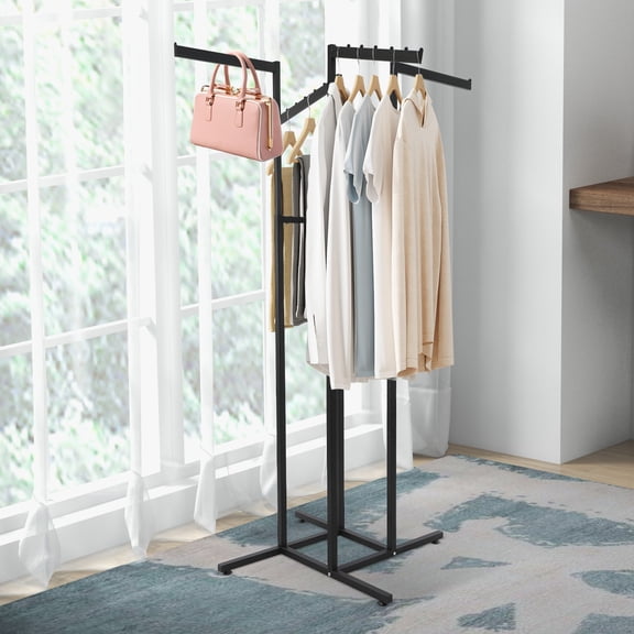 Clothing Rack 4 Way Slant Straight Arms Black Clothes Adjustable Garment Retail 55*55*180cm for Retail Stores, Clothing Shops, Guest Rooms