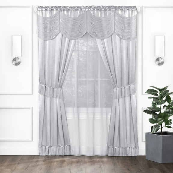 Kate Aurora Satin Chic Complete Attached Window Curtain, Tiebacks & Valance Set - Silver, 63 in. Long