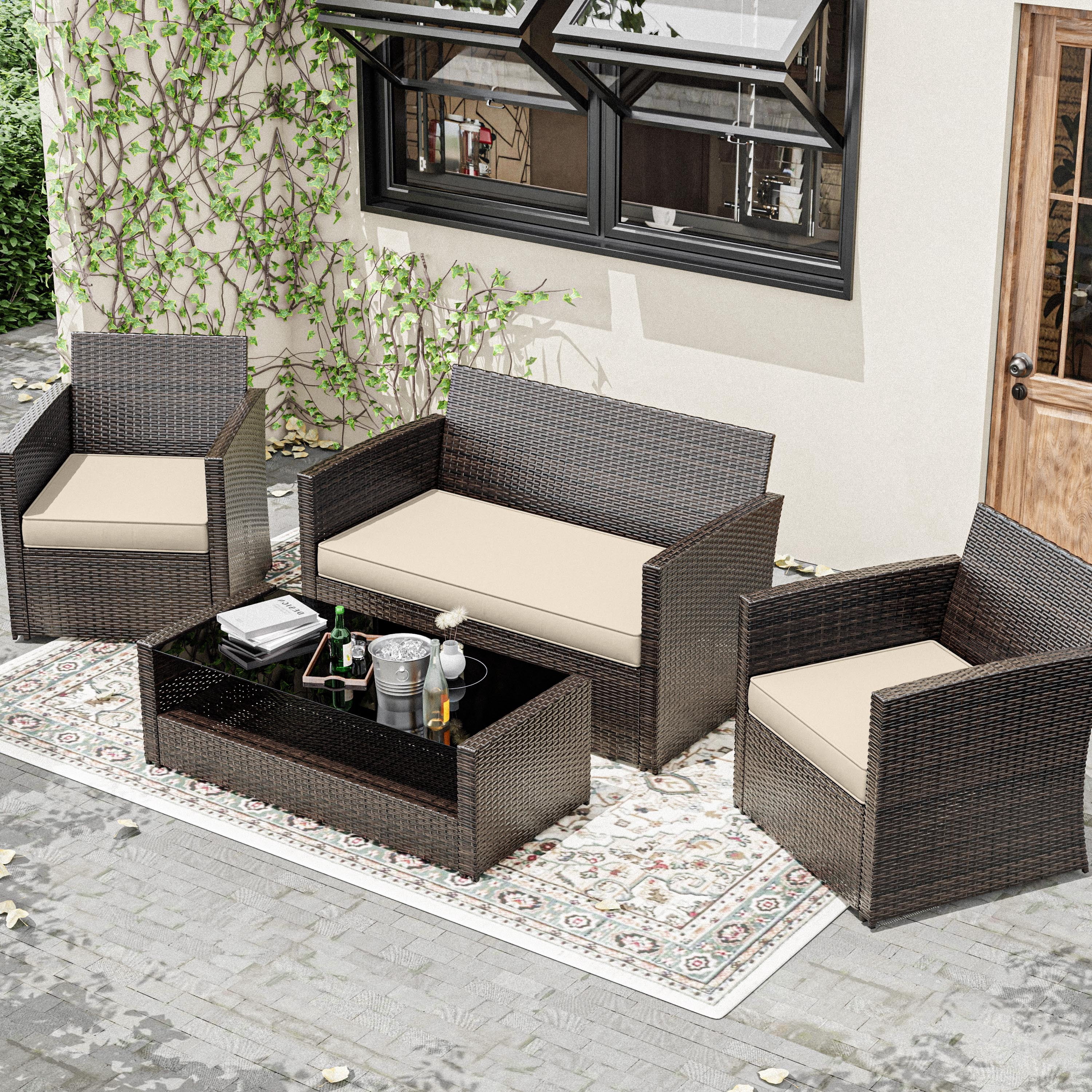 Snubbull 3 Pack Outdoor Replacement Cushions for 4-Seater Wicker Rattan Loveseat Sofa Chair Patio Furniture, 36 x 18 x 3,18 x 18 x 3, Cream