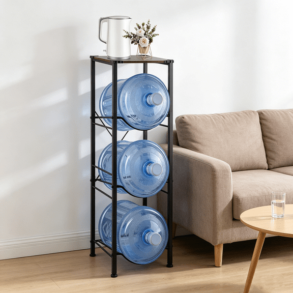 Water Bottle Storage Holder 5 Gallon Drink Dispenser Stand with Table 3-Tier Heavy Duty Water Cooler Jug Rack Water Bottle Organizer for Kitchen, Office, Living Room