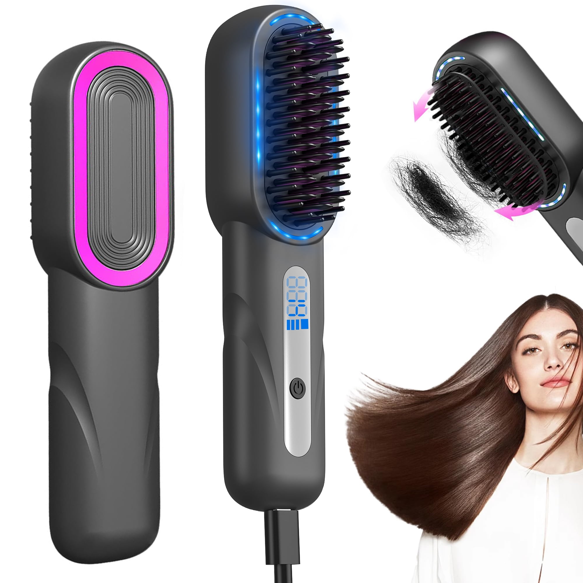 JUUTREN Hair Straightener Brush, Heated Brush Straightener, Portable Mini Cordless Electric Straightening Comb for Hair, 4 Temperature Anti-Scald , Fast 20s Heating Tech & 20-Minute Auto Shut-Off