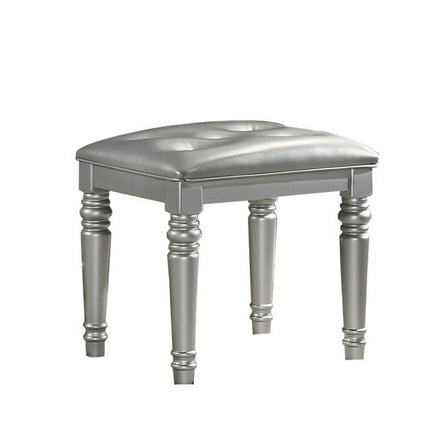 Kya 20 Inch Vanity Stool with Tufted Vegan Faux Leather Seat Glam Silver- Saltoro Sherpi