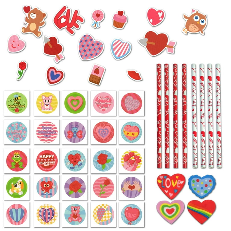 JOYIN 144+PCs Valentines Day Party Favors Supplies with Heart Shape Glasses, Rubber Ducks, Stampers, Tattoos, Erasers and More for School Classroom