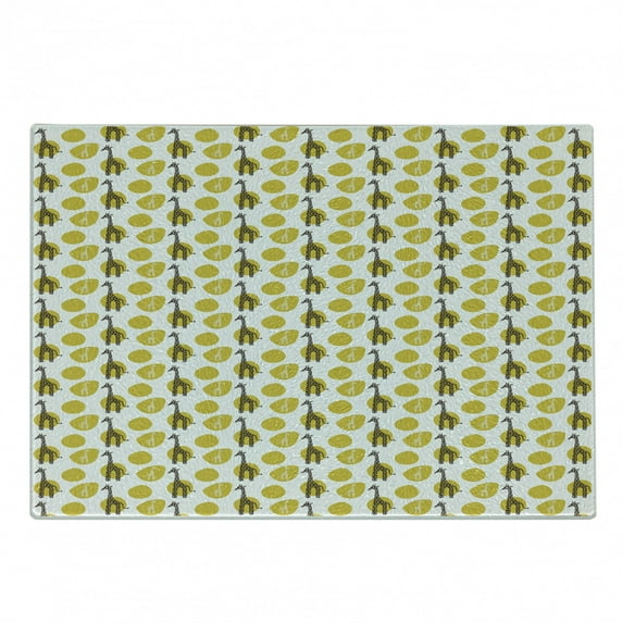 Giraffe Cutting Board, Safari Wild Animal Art Pattern with Green Spots Composition, Decorative Tempered Glass Cutting and Serving Board, Small Size, Yellow Green Dark Brown, by Ambesonne