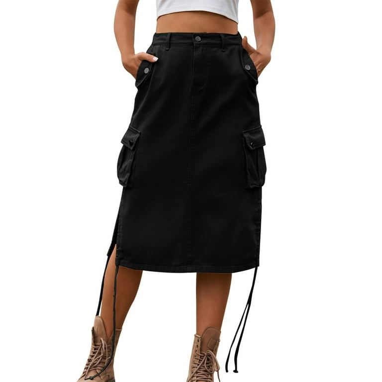 GUGUbb Half Skirt Casual Midi Denim Lace Up Work Skirt Black S XXL