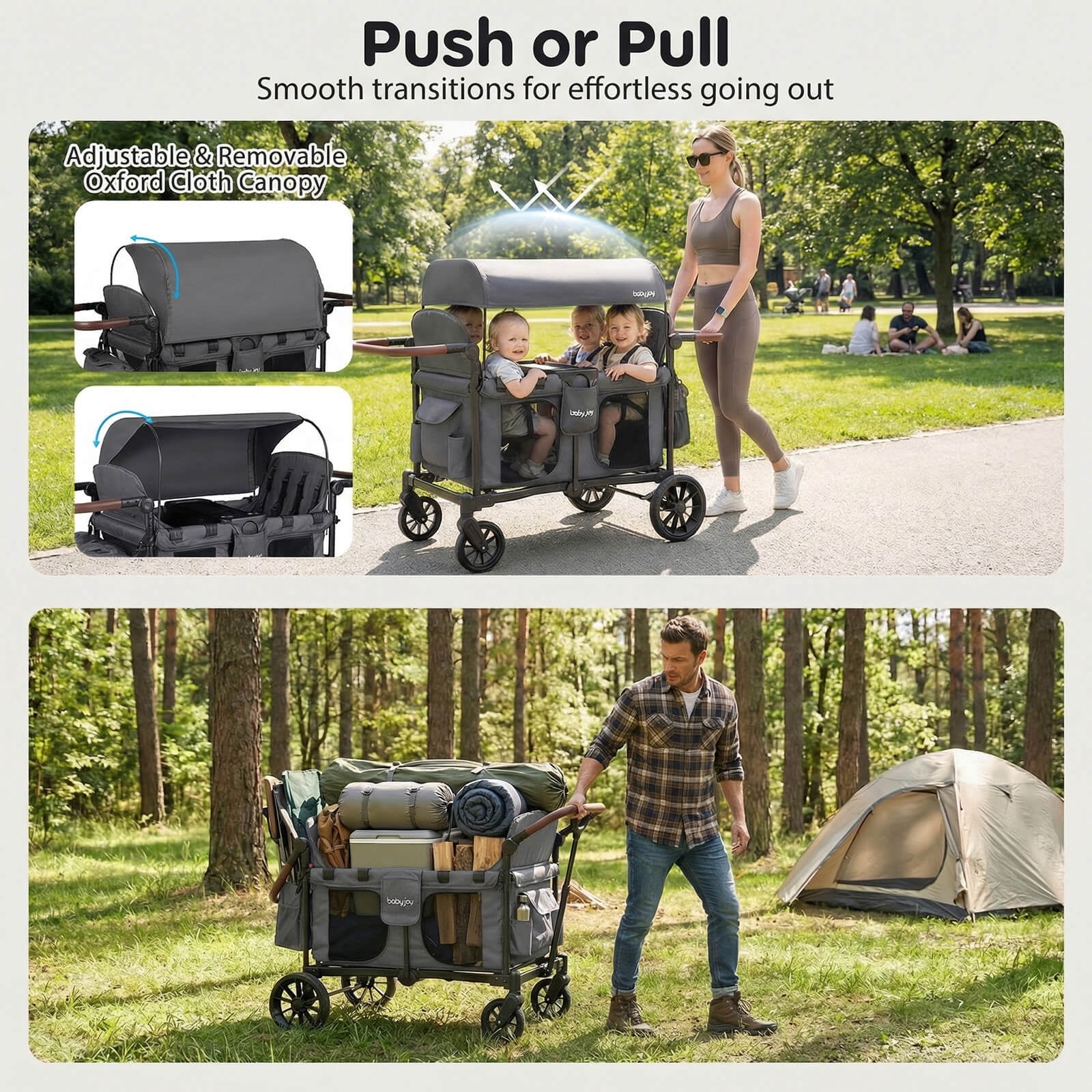 Costway Wagon Stroller, Foldable 4-Seater Push-Pull Toddler Stroller with Removable Canopy Gray