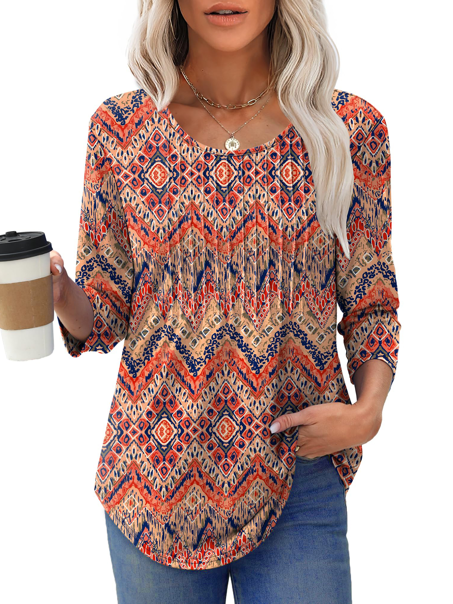 UVN Women's Pleated 3/4 Sleeve Summer Blouse photo 2