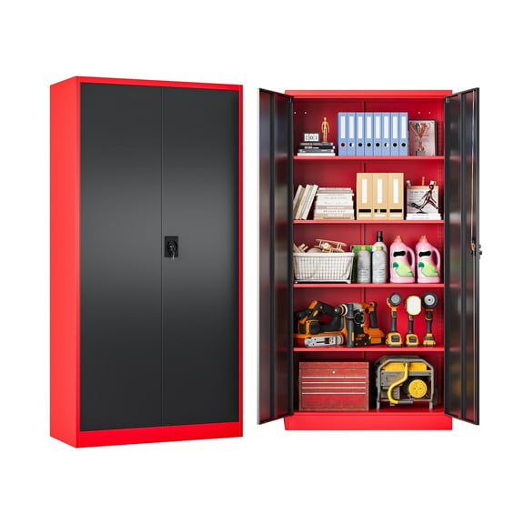 AUHUP 71" Metal Cabinet with 4 Adjustable Shelves, Garage Storage Cabinets with Locking Doors,Tool Storage Cabinet for Home Office,Warehouse,Workshop(Red Black)