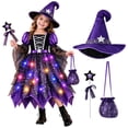 thumbnail image 3 of Girls Light up Witch Purple Star Witch Dress with Witch Hat Wand and Kids Halloween Cosplay Dress up Outfit for Party Carnival, 3 of 4