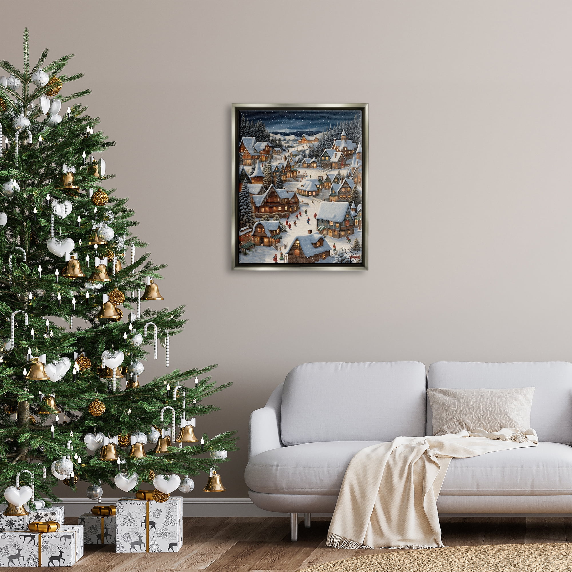 Stupell Industries Snowy Christmas Village Holiday Painting Gray Floater Framed Canvas Art Print Wall Art, 25 x 31