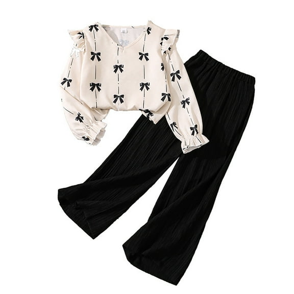 GBSYEWXS Outfit Set For Child Girls Crew Neck Long Sleeve Bow Print Casual Fall Shirt Pant Warm Clothing Sets Size 7-8 Years Beige