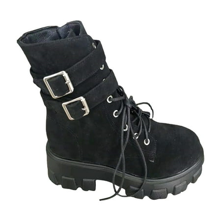 

Juebong Women s Gothic Punk Boot Mid Calf Boots Fashion Combat Boots Round Toe Lace Up Riding Booties Black 9.5