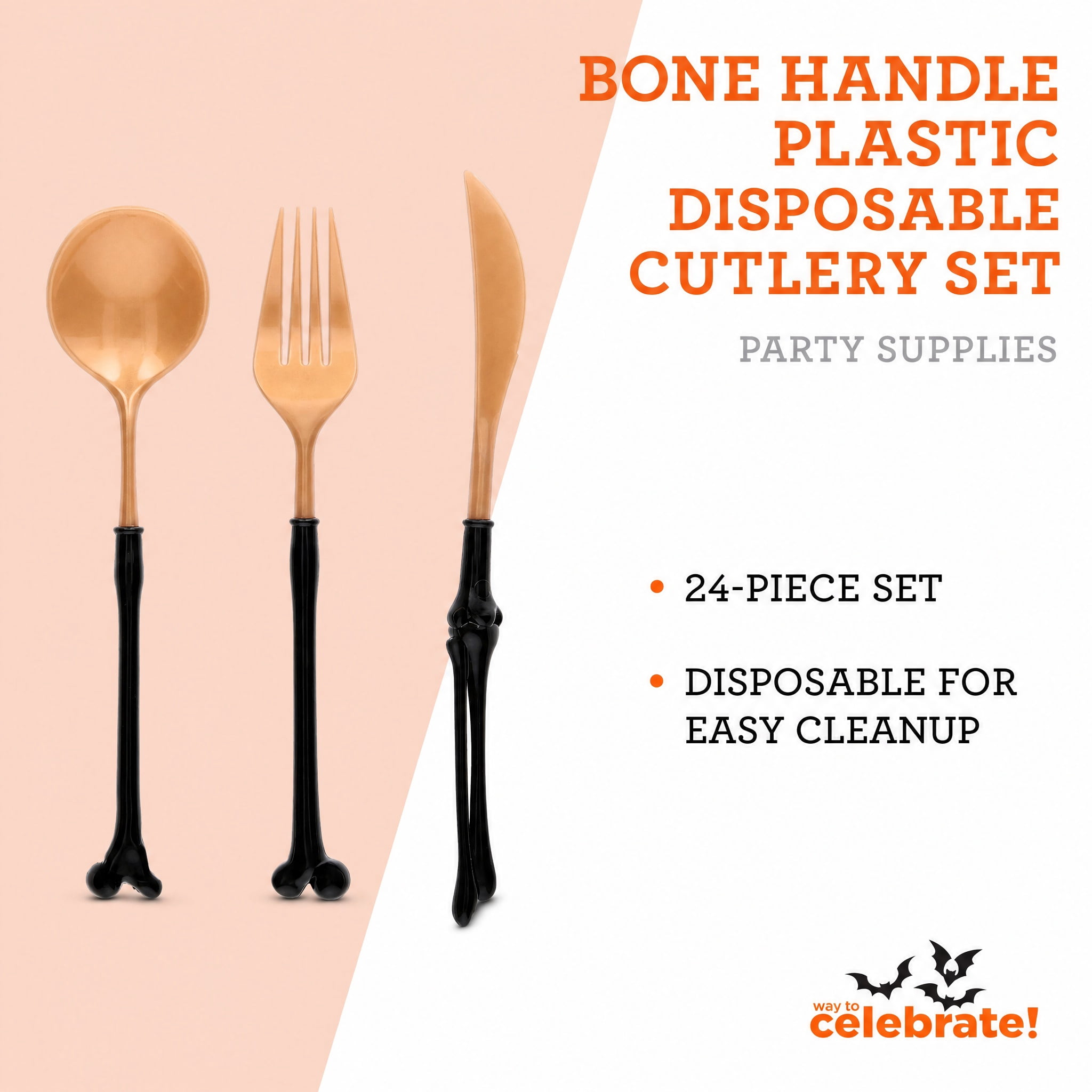 Bone Handle Plastic Disposable Cutlery Set, Gold and Black, 24 Pieces, Halloween by Way To Celebrate