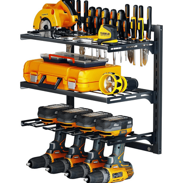 3-Tier Wall Mount Power Tool Organizer with 4 Heavy Duty Drill Holders & 150Lbs Load Capacity, Garage Tool Organizer and Storage, Utility Storage Rack for Tool Room, Workshop, Garage
