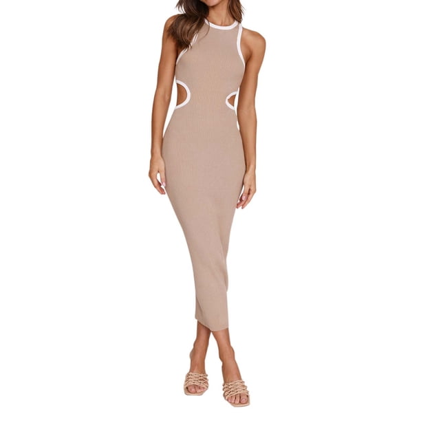 Vestido liso de cuello redondo para mujer: vestido informal ajustado a la cintura, poliéster y spandex, tallas S-XXL