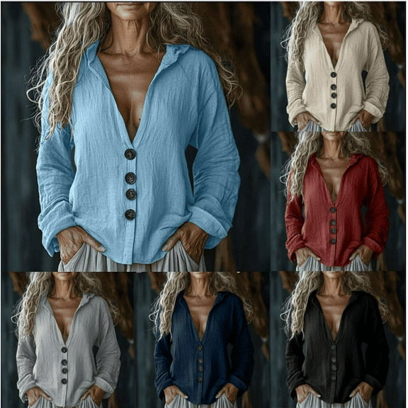 Fanxing Vintage Tops for Women Linen Shirt Casual Rolled Up Long Sleeve Work Tops Dressy V Neck Button Down Shirts Summer Tops Vacation Boho Blouses S-2XL