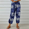 thumbnail image 2 of Women's Cotton Linen Plus Size Capri Pants Drawstring Elastic High Waist Boho Vintage Print Summer Loungewear Pants 2025 Blue 01,M, 2 of 7