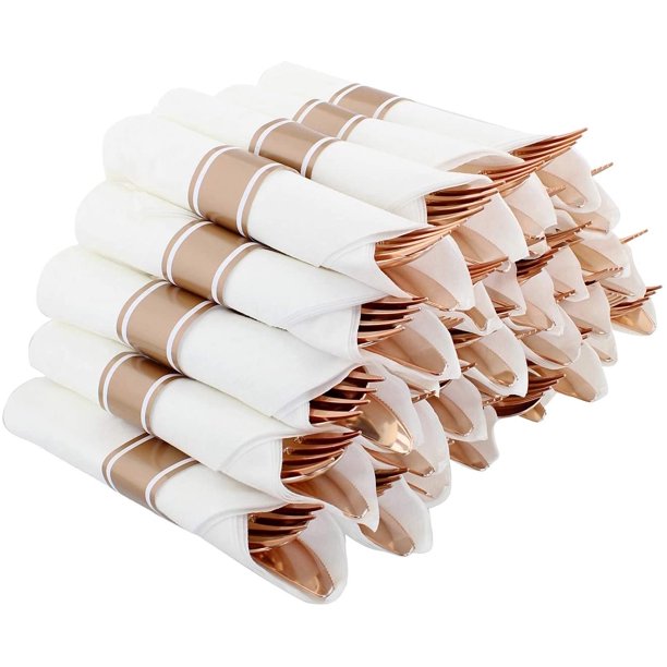 Rose Gold Disposable Silverware Sets for Parties Set of 30 Pre Rolled