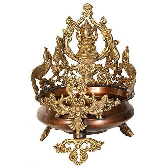 Exotic India Urli with Peacocks and Elephants, Brown Ganesha Brass Statue