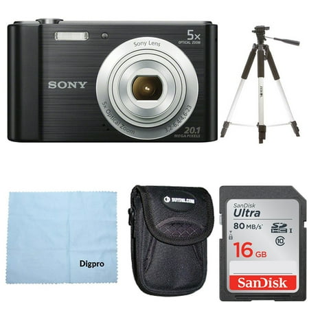 Sony W800/B DSC-W800/B DSCW800B 20 MP Digital Camera 5x Optical Zoom (Black) Bundle with 16GB SDHC Memory Card, Table top Tripod, Deluxe Case, and Lens Cleaning Cloth