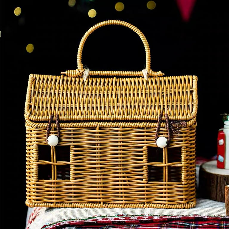 Rattan House Shaped Basket With Lid With Folding Handle For Picnics, Easter, Organizing, Storage | PH
