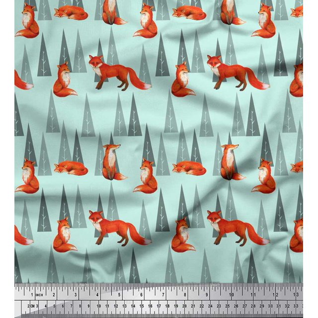 Soimoi Green Rayon Fabric Artistic Tree & Wolf Animal Print Sewing Fabric Yard 42 Inch Wide