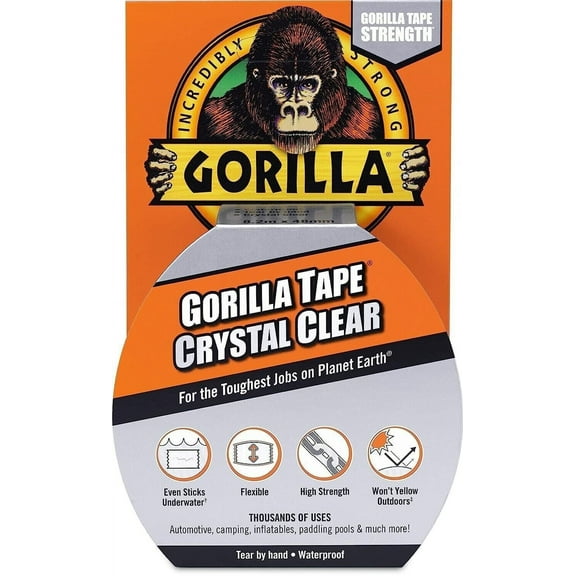 Gorilla Crystal Clear Duct Tape, Double Thick Adhesive, 1.88 x 18 yd, Clear