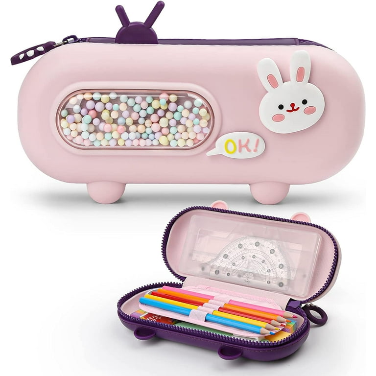 Cute Pencil Case Kawaii Pencil Box for Kids Silicone Cartoon Pink