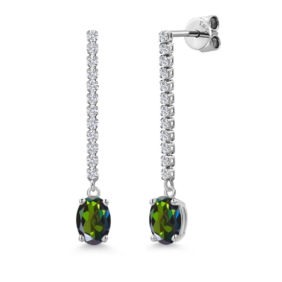 14K White Gold Tourmaline Green Mystic Topaz and White Lab Grown Diamond Long Liner Dangle Earrings for Women | 1.96 Cttw | Gemstone November Birthstone | Oval 7X5MM | White Gold Chain Drop Earrings