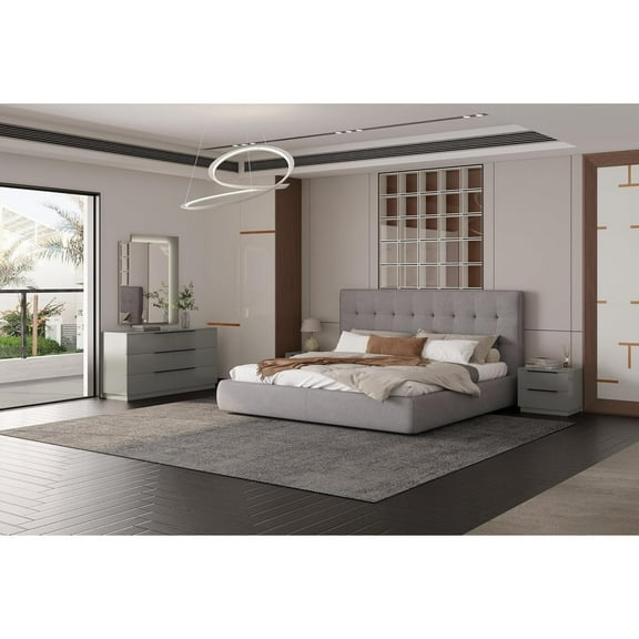King Size Bed, Fully Upholstered Grey Fabric, Padded Square Headboard, Modern Bedroom Furniture
