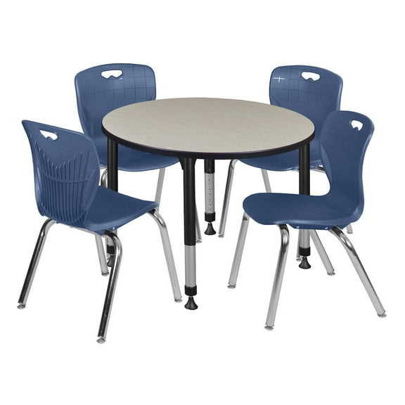 Kee 36in. Round Adjustable Table-Maple & 4 Andy 18-in Chairs-Blue