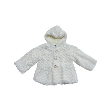 - Little Girls White Scalloped Pattern Faux Fur Hooded Long Sleeve Jacket