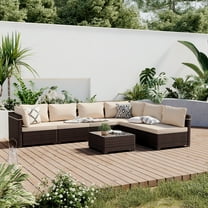 UPHA 7 Pieces Outdoor furniture Sets Patio Sectional Couch Wicker Conversation Sofa for Pools Outside, Gardens, Decks, Brown Rattan, Beige Cushion