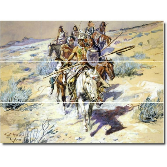 Ceramic Tile Mural-Charles Russell Indians Bathroom Tile Mural 5. 17" w x 12.75" h using (12) 4.25 x 4.25 ceramic tiles