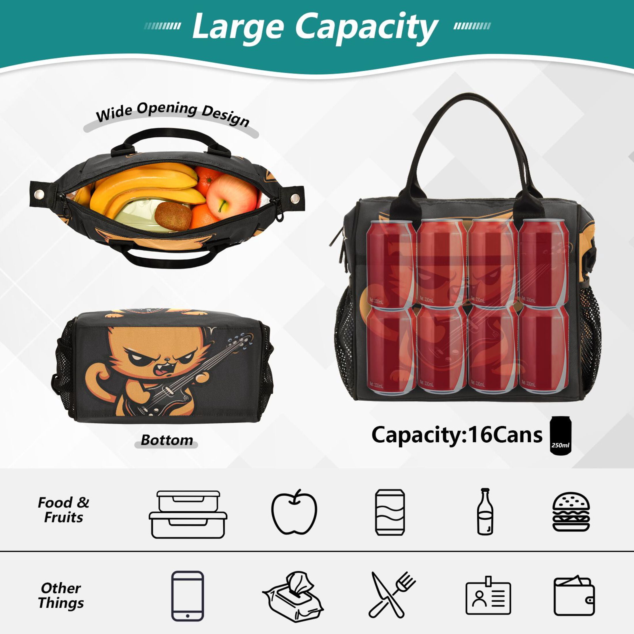 Lunch Bag Insulated Lunch Box Leakproof Reusable Cooler Tote Adjustable Shoulder Strap for Men Women Angry Cat Playing Guitar 9L
