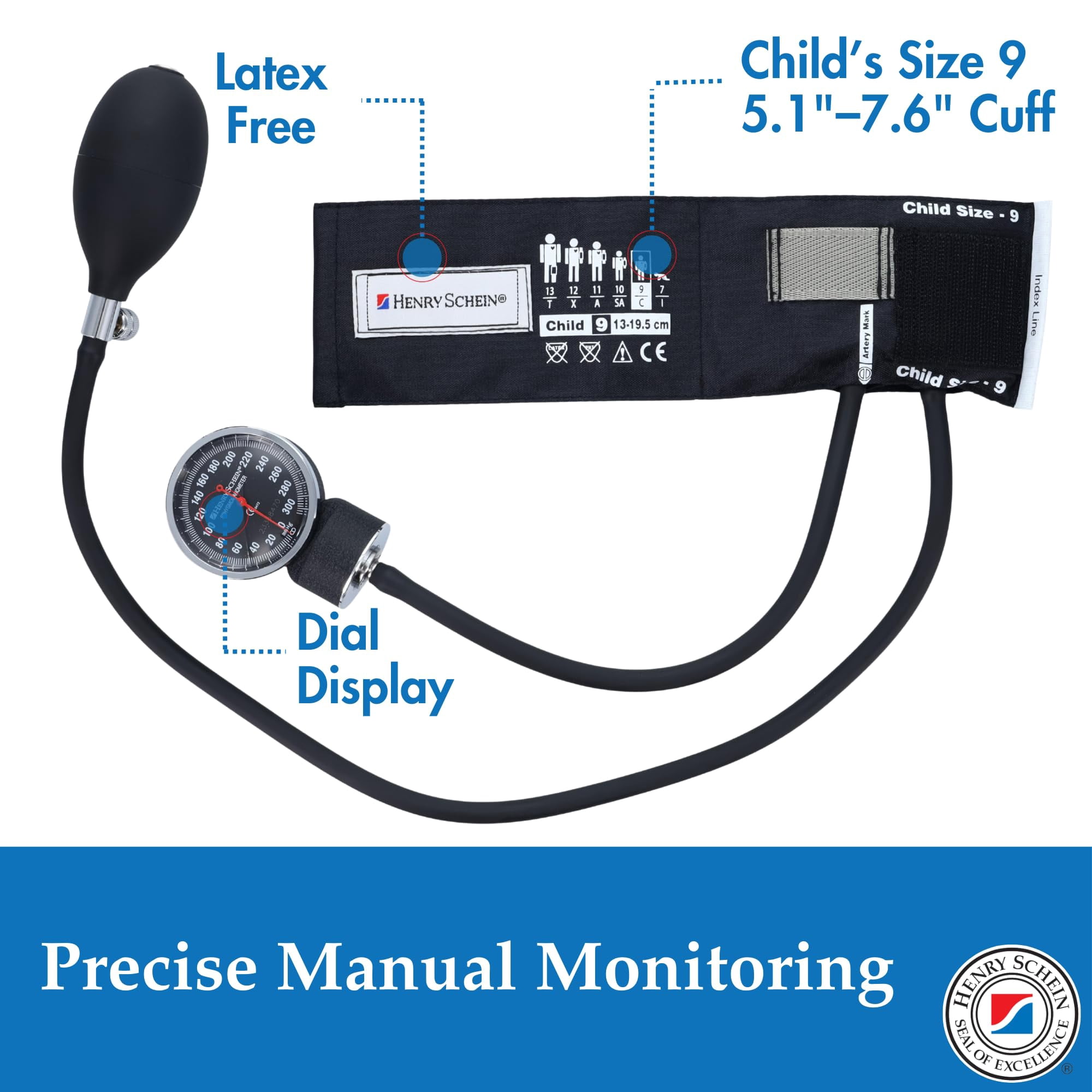 Henry Schein Prosphyg Aneroid Sphygmomanometer –Pediatric Size 9 (5.1"–7.6") Black Cuff, Manual Blood Pressure Monitor, Reusable, Dial Display, Latex-Free, Includes Leatherette Carrying Case – 1 Each